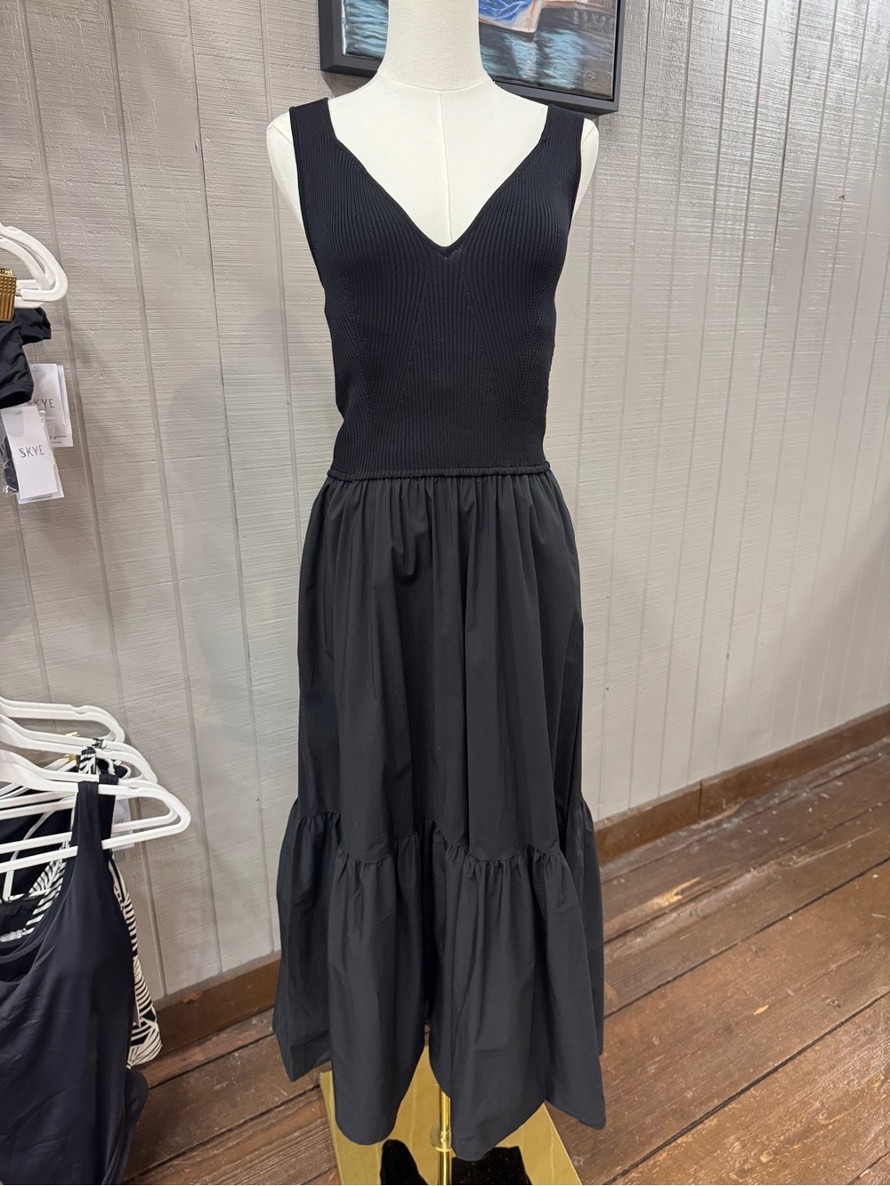 Elan Black Ribbed V-Neck Midi Dress